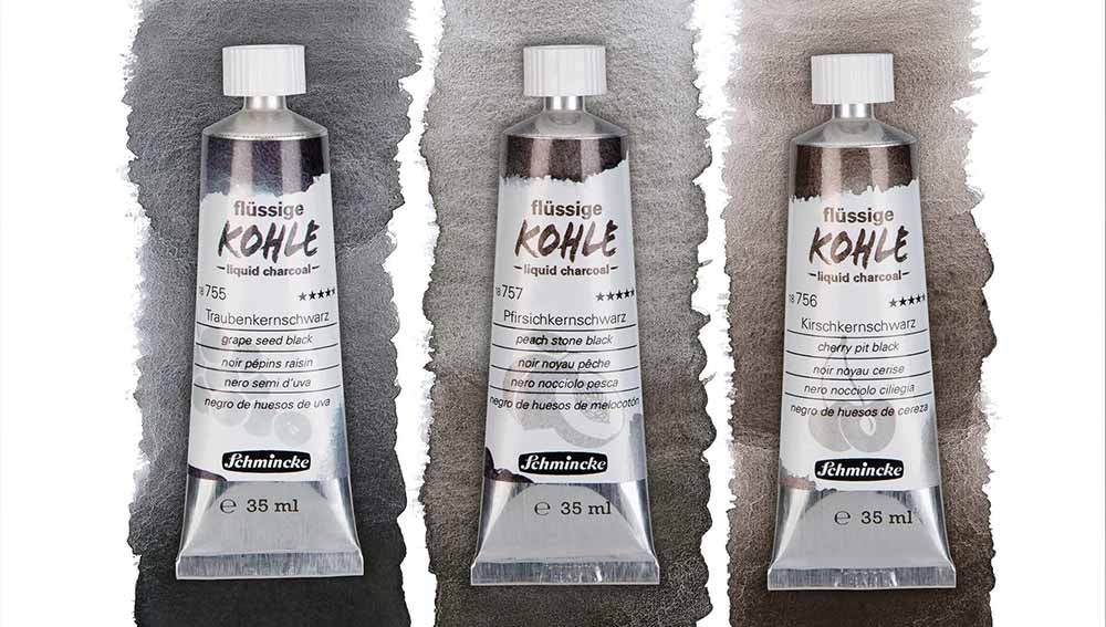 3 tonaità di liquid charcoal schmincke in tubetto da 35ml ciascuno